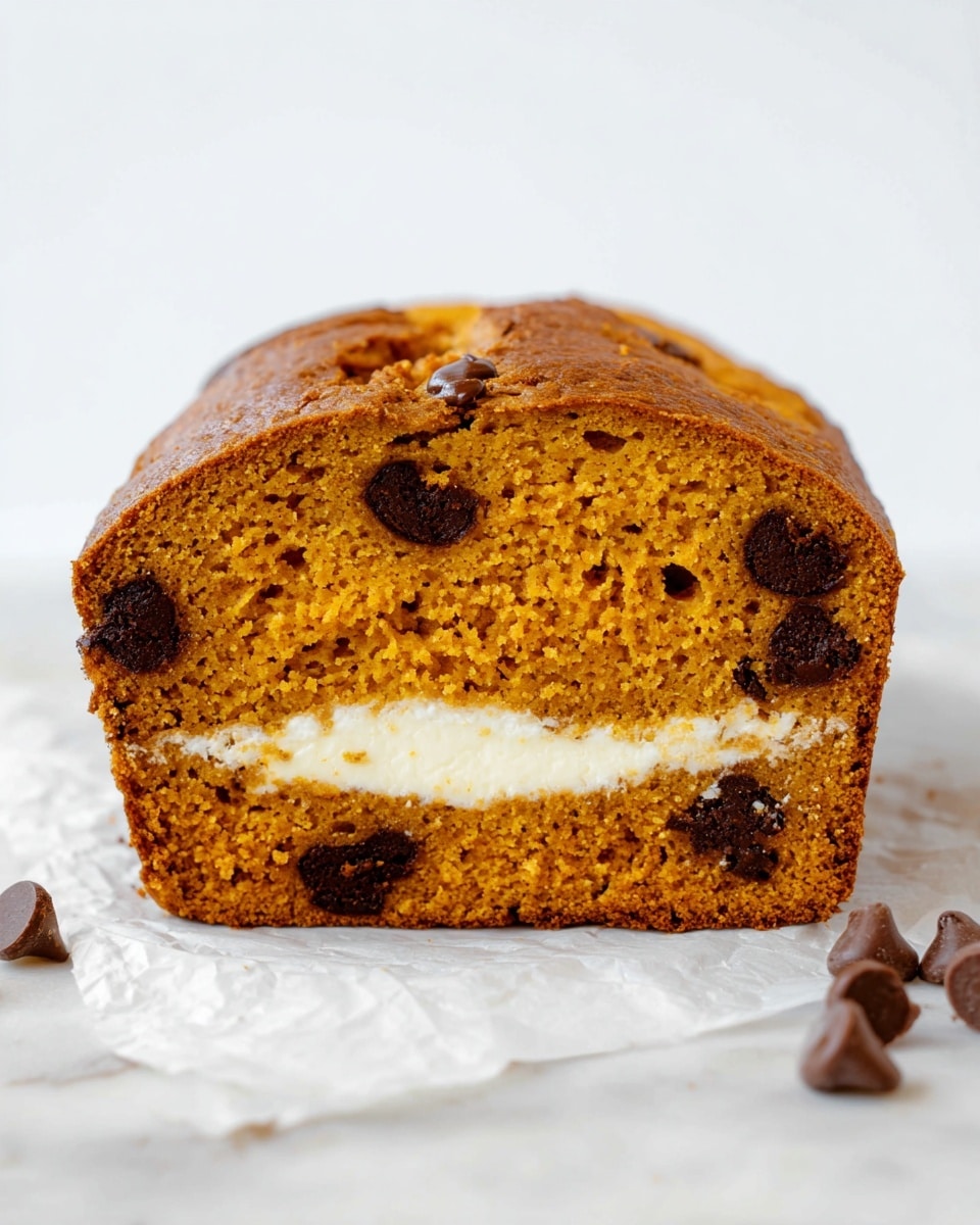 Three slices of moist, orange-brown loaf are placed on white parchment paper over a white marbled surface, each slice showing a middle layer of creamy white filling that contrasts with the cake's crumbly texture. The loaf has scattered dark chocolate chips embedded inside, adding small dark spots across the slices. Around the slices, a few loose chocolate chips lie randomly on the parchment paper, enhancing the sense of a warm, freshly sliced treat. photo taken with an iphone --ar 4:5 --v 7