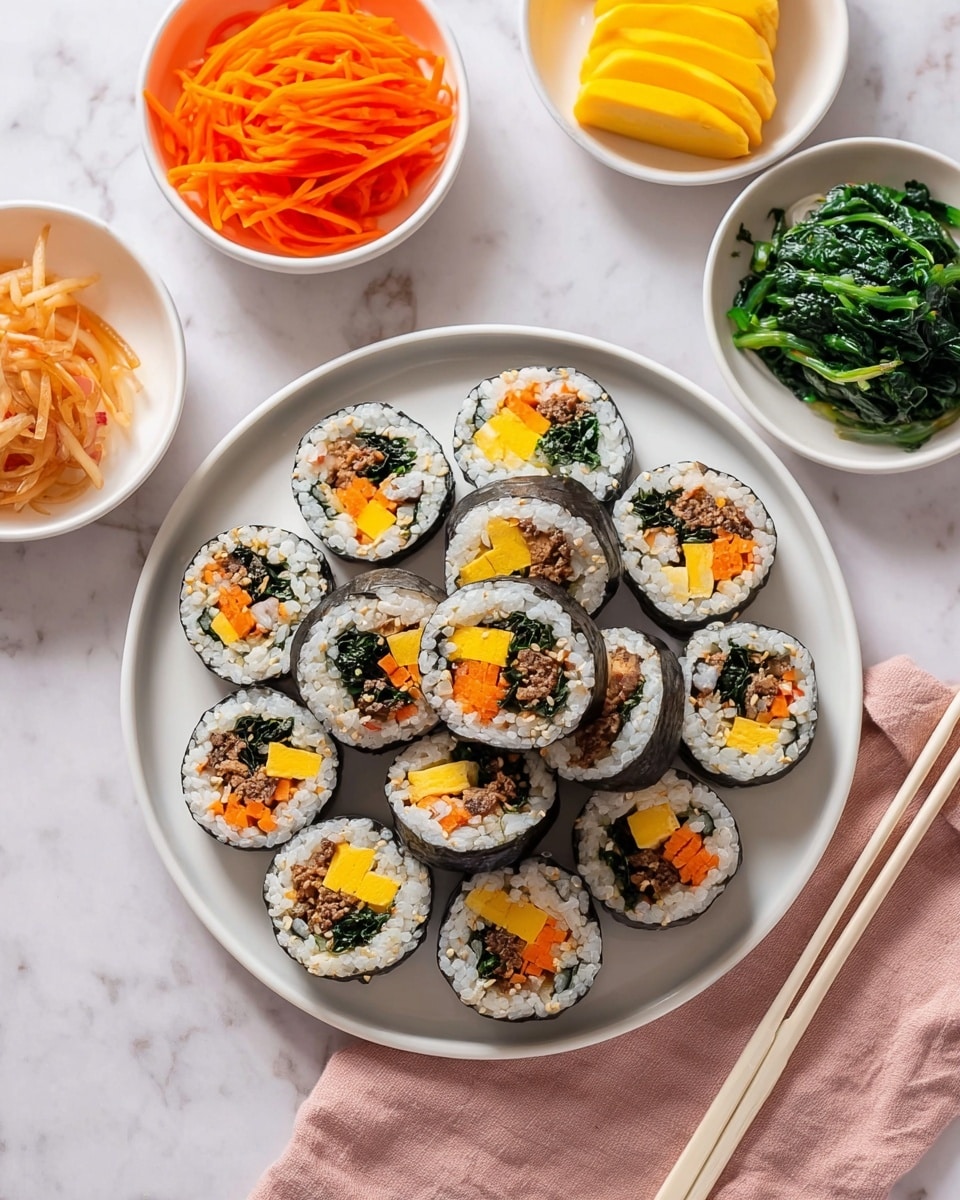 The image shows many pieces of kimbap neatly arranged close together on a white marbled surface. Each kimbap roll has several layers: the outer layer is dark seaweed, followed by a thick layer of white rice. Inside, there are multiple colorful fillings in small sections, including bright orange carrots, dark green spinach, yellow pickled radish, a light yellow egg strip, and brown beef pieces. The texture of the rice looks soft and sticky, while the fillings have a slightly firm look, making the rolls appear fresh and colorful. Photo taken with an iphone --ar 4:5 --v 7