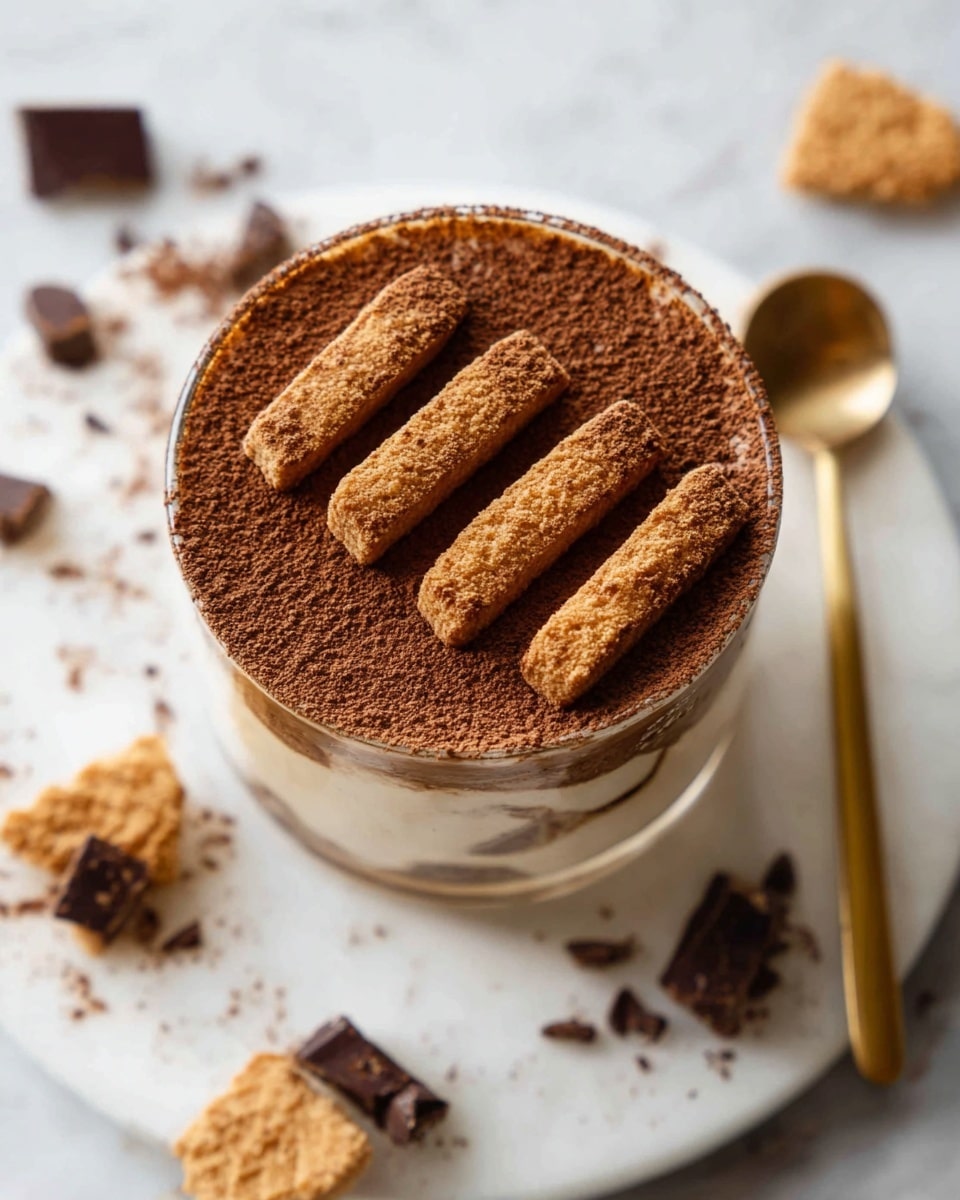 The image shows a clear glass cup filled with a layered dessert placed on a white marbled surface. The top layer is dusted with cocoa powder, covering the smooth, creamy texture underneath. On top of this cocoa dusting are about ten small, rectangular biscuit sticks arranged in three uneven rows across the surface. Around the cup, there are broken pieces of biscuits and dark chocolate chunks scattered casually. A gold spoon is placed next to the cup, adding a warm contrast to the white marbled texture. photo taken with an iphone --ar 4:5 --v 7