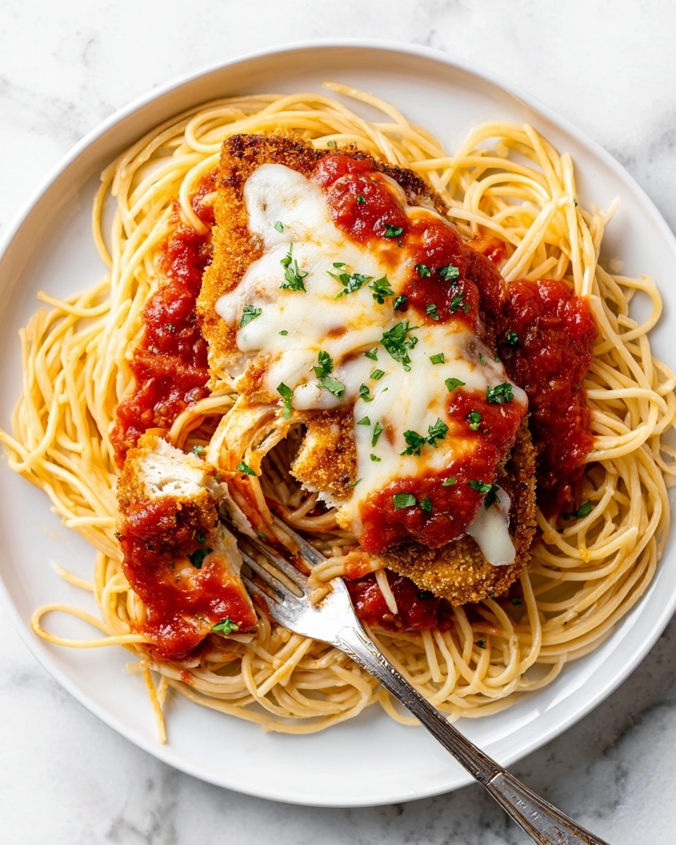 A white plate holds a bed of long, slightly glossy spaghetti noodles with some red tomato sauce spread unevenly on top. In the center sits a golden-brown breaded piece of chicken covered with melted white cheese and more tomato sauce, sprinkled with small green herb pieces. A silver fork rests on the left side of the plate, holding a piece of the breaded chicken with tomato sauce and cheese. The plate is placed on a white marbled surface. photo taken with an iphone --ar 4:5 --v 7