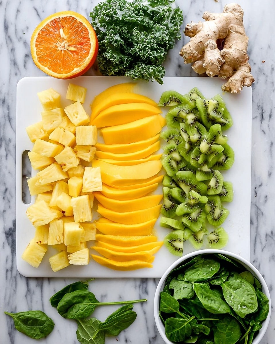 The image shows a white cutting board on a white marbled surface, with colorful fresh ingredients arranged in neat rows. On the left side, there is a block of cubed pineapple, with some extra pineapple cubes placed just below it. In the middle, there are thin slices of bright yellow mango, layered slightly overlapping. On the right, there are chopped green kiwi pieces arranged in a column. Above the cutting board, there is a halved orange with seeds visible, fresh green kale leaves, and a piece of ginger root. At the bottom right corner, a white bowl is filled with fresh green spinach leaves, and a few spinach leaves are scattered on the white marbled surface beside the bowl. photo taken with an iphone --ar 4:5 --v 7