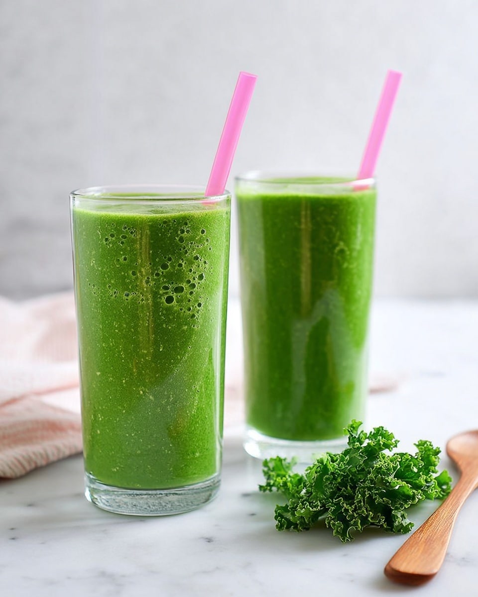 Two tall clear glasses filled with thick green smoothie, small bubbles visible inside. Each glass has a pink straw standing up from the smoothie. The glasses are placed on a white marbled surface with two small bunches of green kale in front of the glasses and a wooden spoon lying to the right. The background is bright and soft focused, giving a fresh and clean feel. photo taken with an iphone --ar 4:5 --v 7