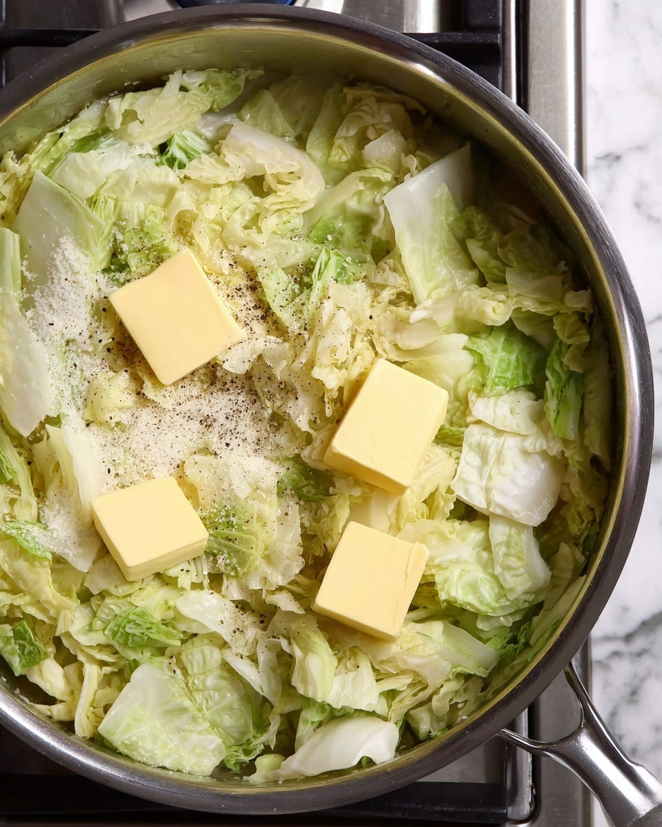 A close-up view of a shiny metal pan filled with chopped pale green and white cabbage layers scattered across the bottom. On top of the cabbage, there are four bright yellow butter cubes placed evenly, melting slightly. There is a light sprinkle of salt and black pepper dotted over the cabbage and butter. The pan is set on a silver stovetop with a white marbled countertop partially visible at the right edge. The photo taken with an iphone --ar 4:5 --v 7