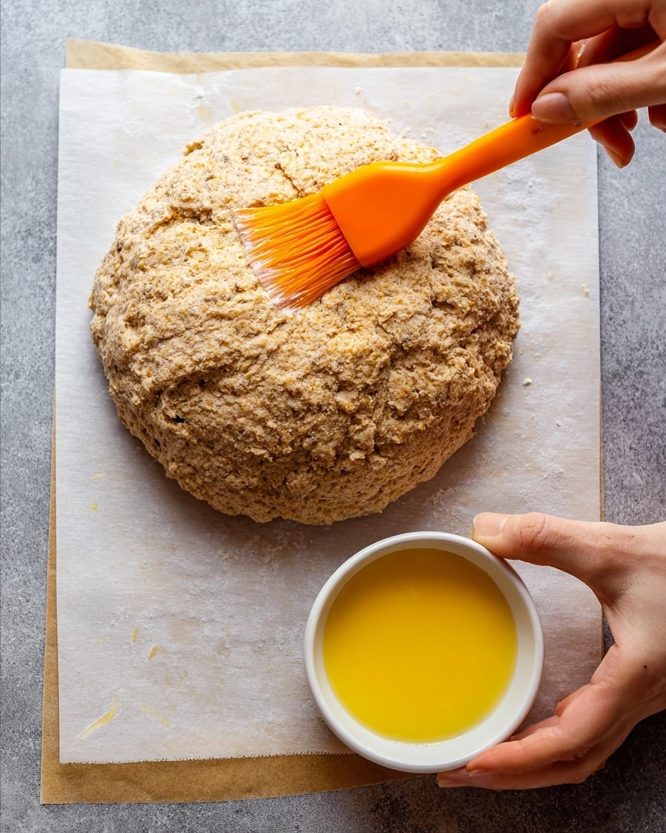 A rough, round dough ball with a coarse texture and light brown color sits on a white marbled surface covered by baking paper. The dough is being brushed with a shiny, yellow egg wash using an orange brush held by a woman's hand from above. Another woman's hand holds a small white bowl filled with the same yellow egg wash to the lower right of the dough. The scene is lit brightly, showing details in the dough and the liquid. photo taken with an iphone --ar 4:5 --v 7