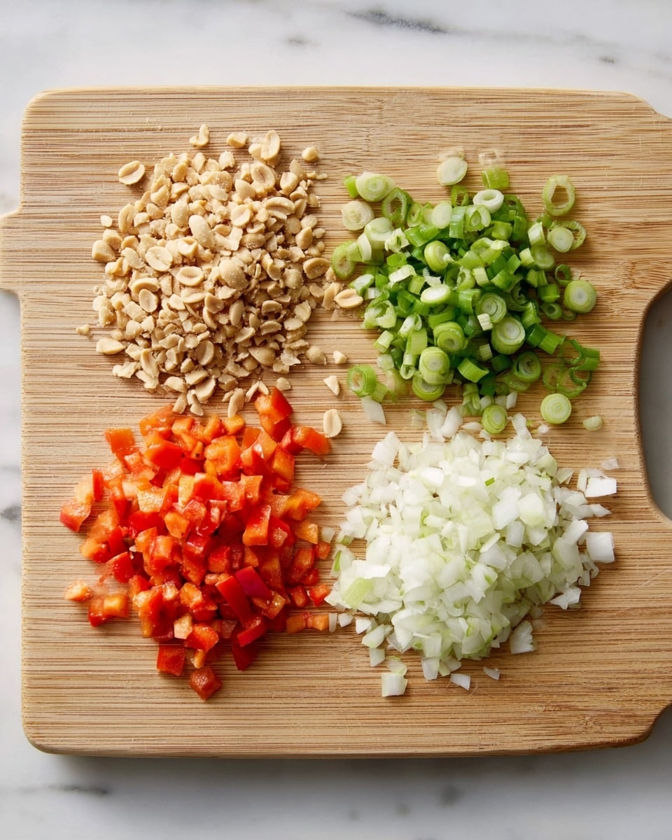 A light wooden cutting board with four piles of chopped ingredients neatly arranged in separate sections. At the top left is a small pile of coarsely chopped peanuts with a beige and light brown crunchy look. To the right of the peanuts is a pile of sliced green onions with bright green round pieces. Below the green onions, toward the bottom right, is a mound of finely chopped white onion with a slightly translucent texture. On the bottom left, there is a pile of small, diced red bell pepper pieces showing a bright red color. The cutting board rests on a white marbled surface photo taken with an iphone --ar 4:5 --v 7