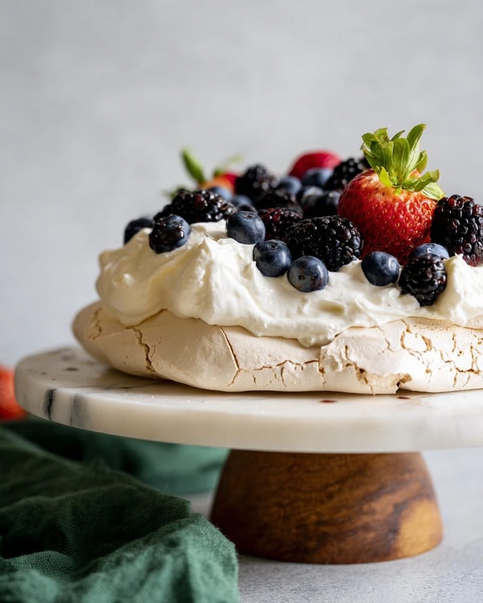 The image shows a pavlova dessert on a white marble cake stand with a wooden base. The pavlova has two main layers: a thick, cracked, light tan meringue base with a slightly rough texture and a thick layer of smooth white whipped cream on top. The whipped cream is scattered with fresh fruit, including glossy blackberries, plump blueberries, and a bright red strawberry with green leaves, all adding rich color and texture contrast. The background features a white marbled surface and a green cloth detail near the base. photo taken with an iphone --ar 4:5 --v 7