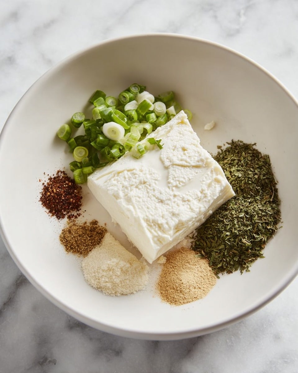 A white bowl sits on a white marbled surface, holding a block of creamy white cheese as the central layer. Around the cheese, on the right, there are two piles of dried green herbs, stacked closely but separate. To the left of the herbs and on the cheese surface, small groups of ground spices in light brown, dark brown, and beige colors are placed. In the top left corner inside the bowl, a pile of chopped fresh green onions adds a bright green color contrasting with the white cheese and herbs. Photo taken with an iphone --ar 4:5 --v 7