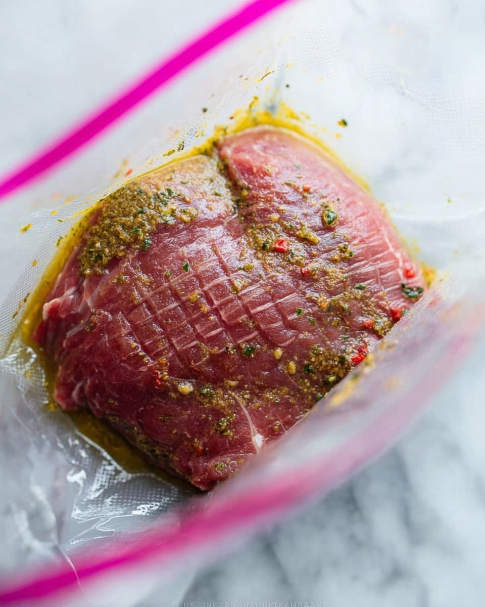 A raw piece of red meat with a grid pattern texture is inside a clear plastic bag. The meat is covered unevenly with a yellowish-green marinade that has visible herbs and small red chili flakes on its surface. The bag’s opening is visible at the top, with pink lines on its edges and the white marbled background slightly seen around the bag. photo taken with an iphone --ar 4:5 --v 7