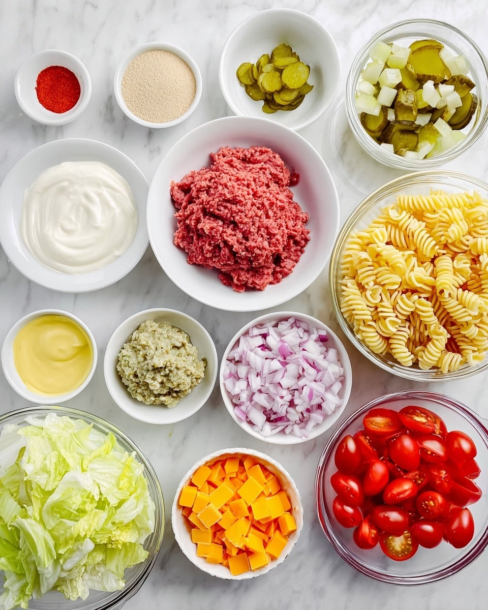 The image shows a collection of small white bowls and clear glass bowls arranged on a white marbled surface with various colorful ingredients. From top left, a white bowl contains light beige powders and a bright red powder, next to a white bowl with light green pickle pieces. Below, a glass bowl holds red ground meat with white fat marbling. Another white bowl has creamy yellow mustard, beside a white bowl filled with a chunky greenish relish. A larger glass bowl to the right contains spiral pasta in creamy yellow color. On the bottom left, a white bowl holds torn green lettuce, next to a white bowl with small diced bright orange cheese cubes. A white bowl filled with chopped red onions sits near the center, adjacent to a white bowl with sliced red cherry tomatoes. To the left, a smaller white bowl contains thick white mayonnaise, and above it, a smaller white bowl holds clear vinegar or liquid. All bowls are neatly spread out, showing clear textures and vibrant colors. Photo taken with an iphone --ar 4:5 --v 7