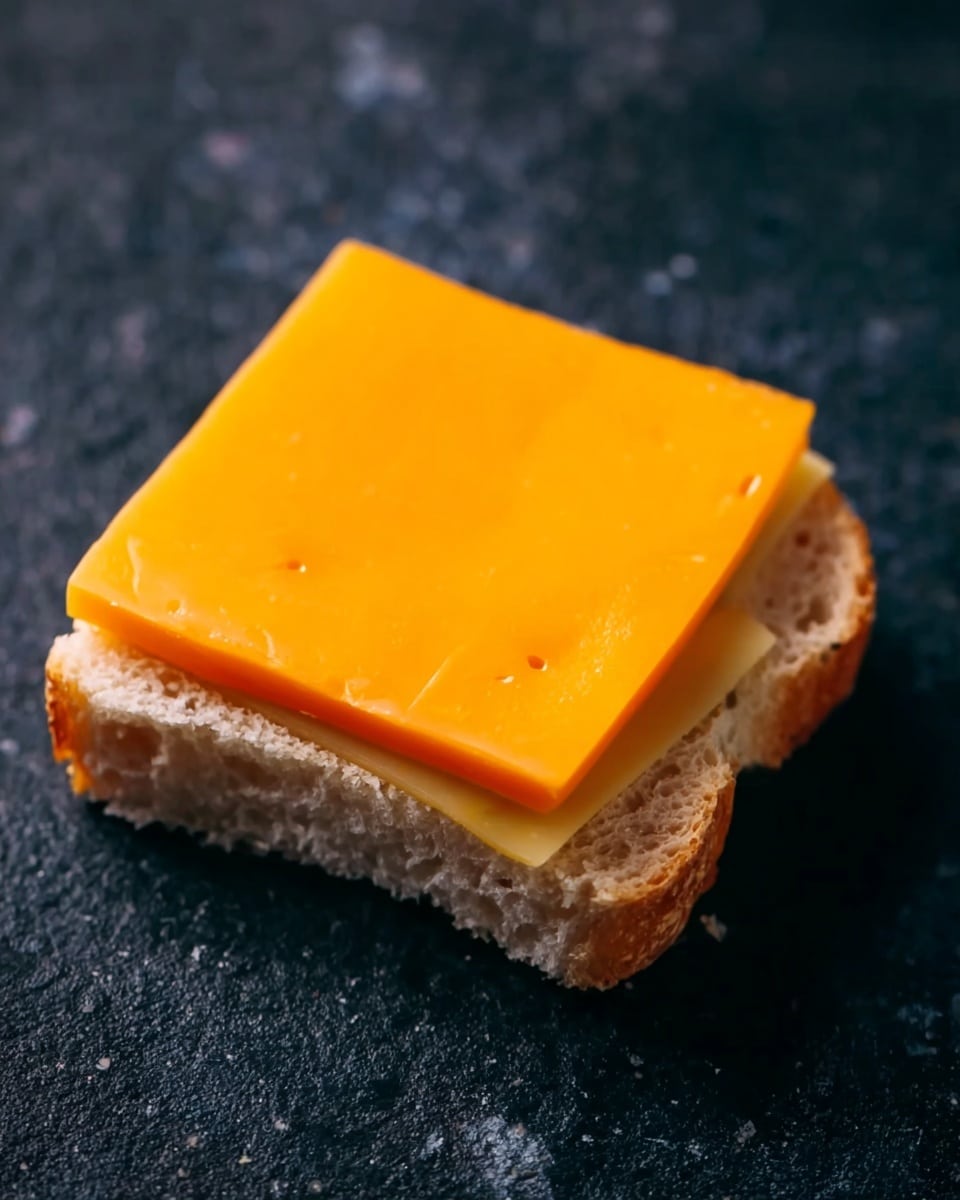 A single square slice of bright orange cheddar cheese sits on top of a small piece of white bread with a light crust, placed on a dark textured surface. The bread looks soft with visible small holes and the cheddar slice is smooth and covers most of the bread piece photo taken with an iphone --ar 4:5 --v 7