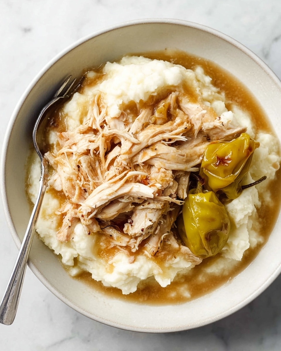In a white bowl, there is a base layer of creamy, white mashed potatoes with a smooth texture. On top, shredded pieces of light brown cooked chicken are spread evenly, soaked in a thin brown sauce or gravy, adding a moist look. Around the chicken, there are two yellow-green small peppers with a slightly charred and wrinkled texture. A silver fork rests inside the bowl on the left side. The bowl sits on a white marbled surface. photo taken with an iphone --ar 4:5 --v 7