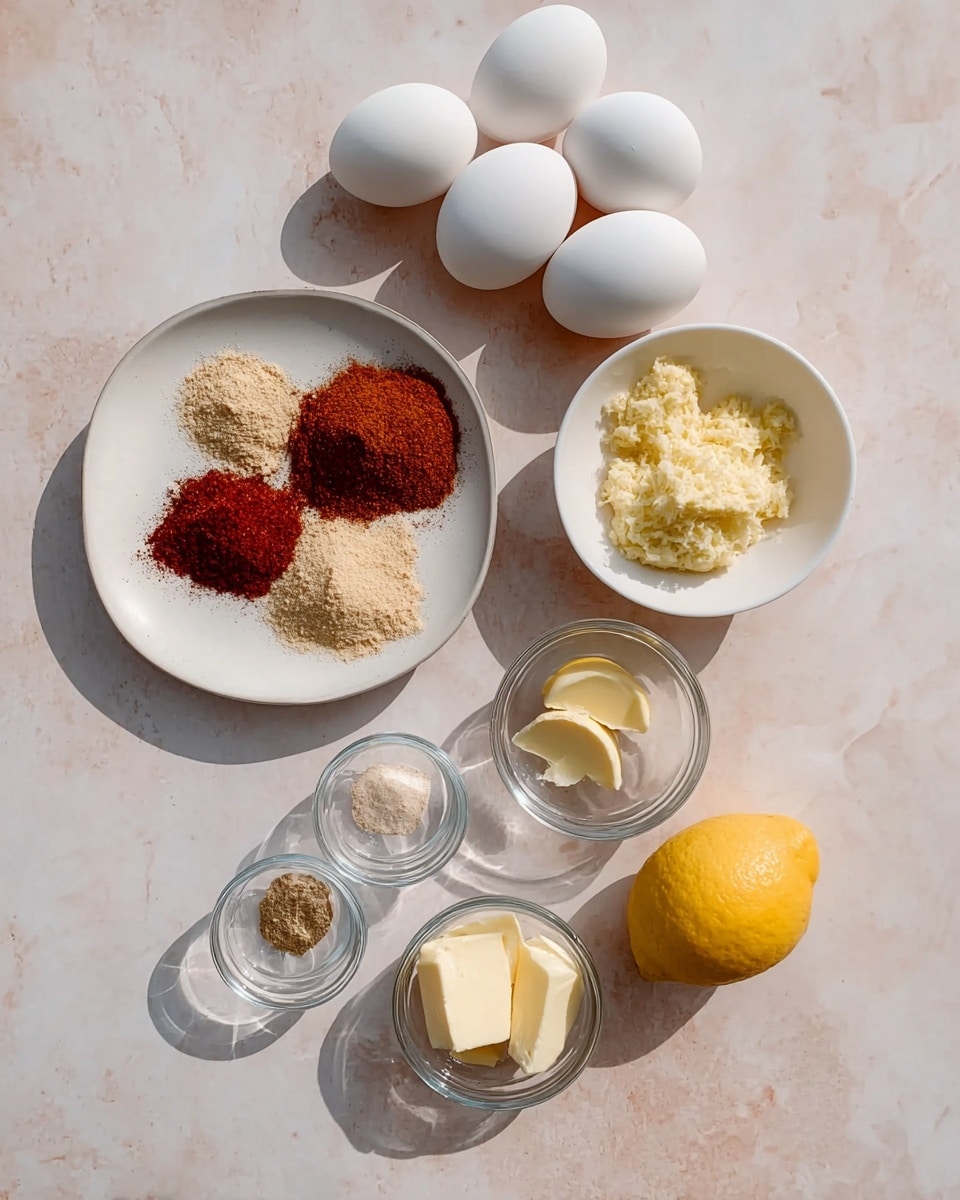 This image shows a flat lay of cooking ingredients on a white marbled surface. At the top are four white eggs arranged in a small group. Below the eggs on the left is a white plate holding three piles of spices in red and beige colors. To the right of the plate, a small white bowl contains a light yellow, crumbly ingredient. Below this, there are four small clear glass bowls arranged in a loose diamond shape with items inside: lemon zest, sugar, a light brown powder, and a few slices of pale yellow butter. To the right of these is half a lemon with bright yellow flesh. Photo taken with an iphone --ar 4:5 --v 7