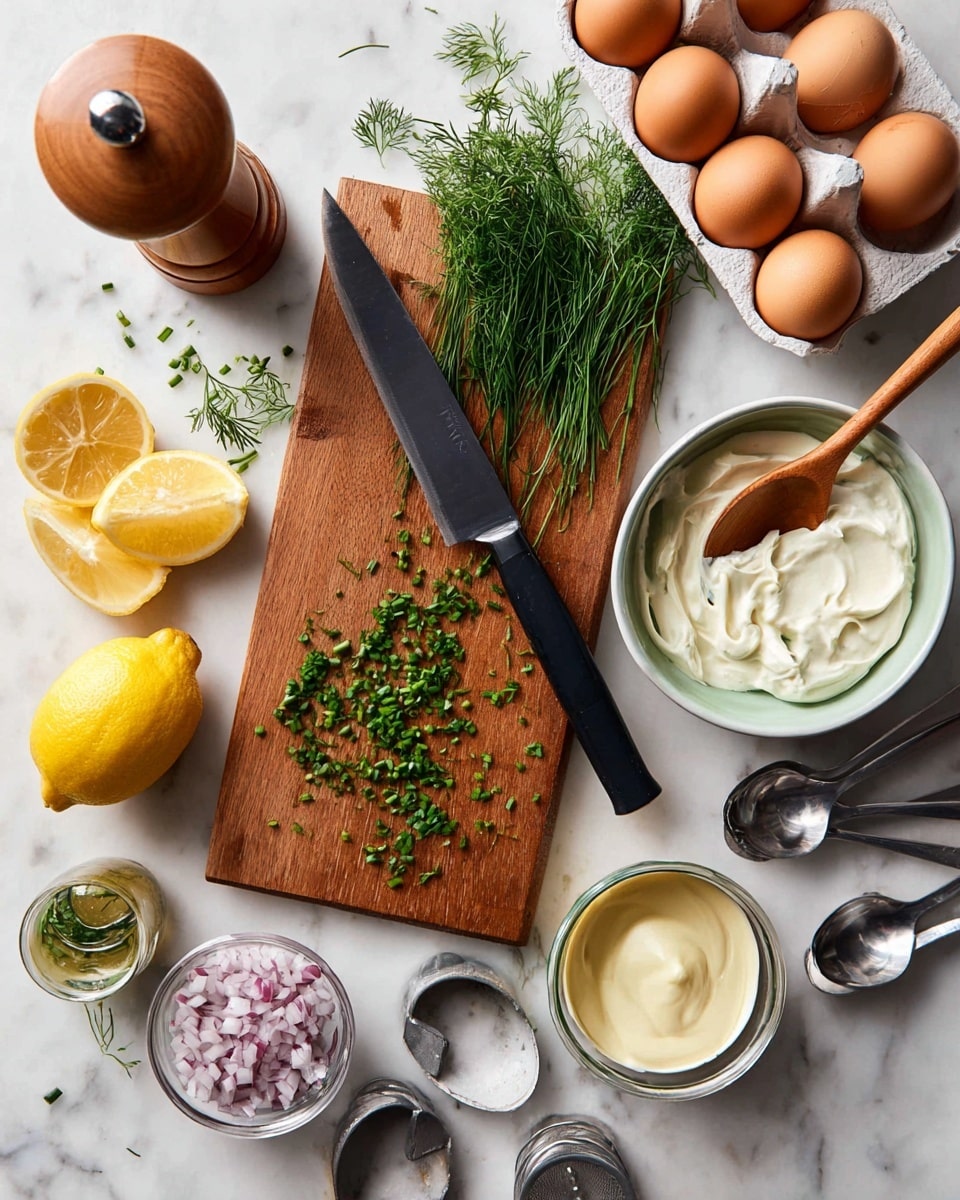 A top-down view of a wooden cutting board on a white marbled surface showing fresh green herbs and chopped chives scattered around with a large black knife resting on it. To the right, a white dish holds creamy white mayo with a wooden spoon inside. On the top right, there is a white ceramic egg tray holding six brown eggs. On the bottom left corner, a small glass bowl is filled with finely chopped red onions, and next to it, a small open jar contains smooth mustard. Two lemon halves, one cut side up and the other down, sit on the left side of the board alongside a wooden lemon juicer. A wooden pepper grinder is on the top left. Some metal measuring spoons are also present near the cutting board. photo taken with an iphone --ar 4:5 --v 7