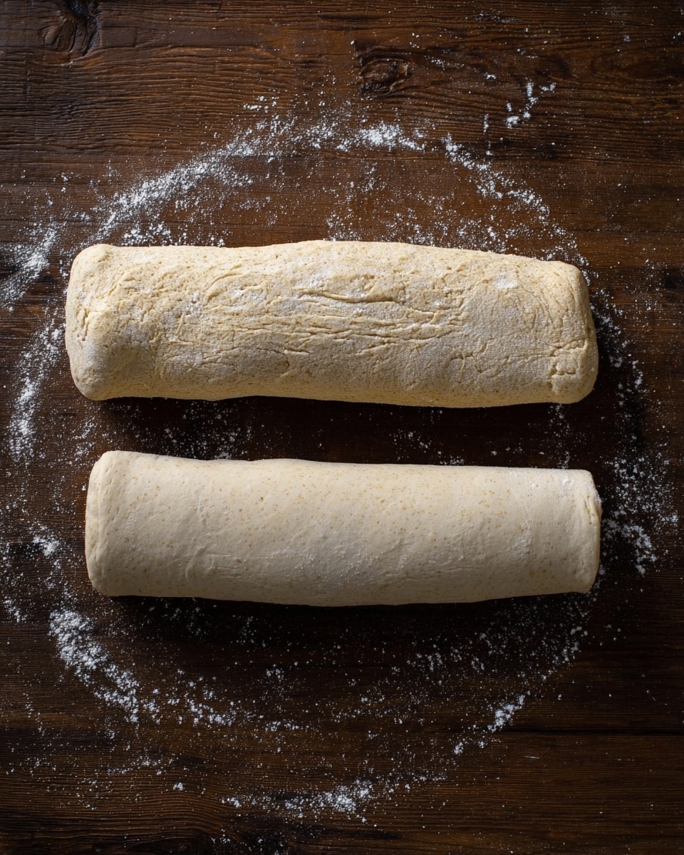 Two rolled dough logs lie side by side on a dark wooden surface dusted with scattered white flour. The top dough roll is sealed along the edge, showing a rough, pinched texture with small openings along the seam. The bottom dough roll is smooth and evenly rolled with no visible closures or openings. The dough has a pale beige color with a slightly speckled texture, and the flour creates a light dusting and a faint circular outline around the rolls. Photo taken with an iphone --ar 4:5 --v 7