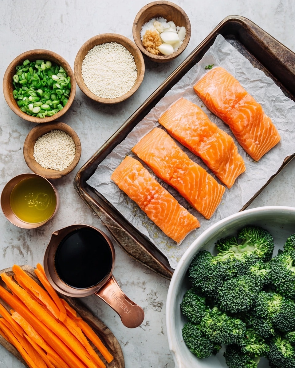 The image shows a white marbled background with a baking tray on the left filled with ingredients for cooking salmon. On the tray, there are four raw salmon fillets with bright orange and light pink stripes placed on parchment paper. Above the salmon, small wooden bowls hold white sesame seeds and chopped green onions. Next to them, another wooden bowl contains minced garlic and ginger. Nearby, a smaller wooden bowl contains light brown sugar, and next to it is a copper measuring cup filled with dark soy sauce. A small bowl with a light golden liquid, likely oil, sits at the bottom left of the tray. On the right side of the baking tray, there are long, peeled orange carrot sticks. In the bottom right corner of the image, a white bowl is filled with dark green broccoli florets photo taken with an iphone --ar 4:5 --v 7