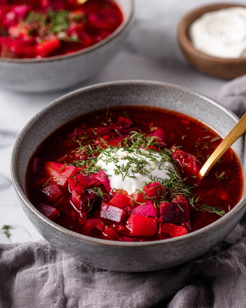A grey bowl filled with bright dark red soup, showing many small chunks of red and pink vegetables. On top in the middle, there is a dollop of white cream with tiny green herb sprigs sprinkled on it. A golden spoon rests in the soup on the right side. The bowl sits on a soft grey cloth, with a white marbled surface below. In the background, there is another grey bowl of the same soup and a white bowl with white cream. photo taken with an iphone --ar 4:5 --v 7