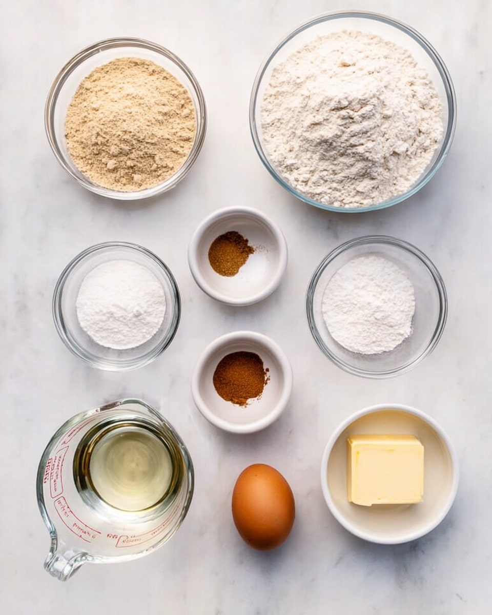 The image shows 10 small containers and a measuring cup with ingredients on a white marbled surface. On the top row are three glass or white bowls: the first has a beige flour mix, the second has a bit of salt, and the third is a large clear bowl with white flour. In the middle row, three small clear bowls hold a brown spice, white salt, and dry yeast. On the bottom row from left to right there is a clear measuring cup with water, a brown egg, a small bowl with golden oil, and a small white bowl with a square of pale yellow butter. The containers and ingredients are evenly spaced and neatly arranged in rows. photo taken with an iphone --ar 4:5 --v 7