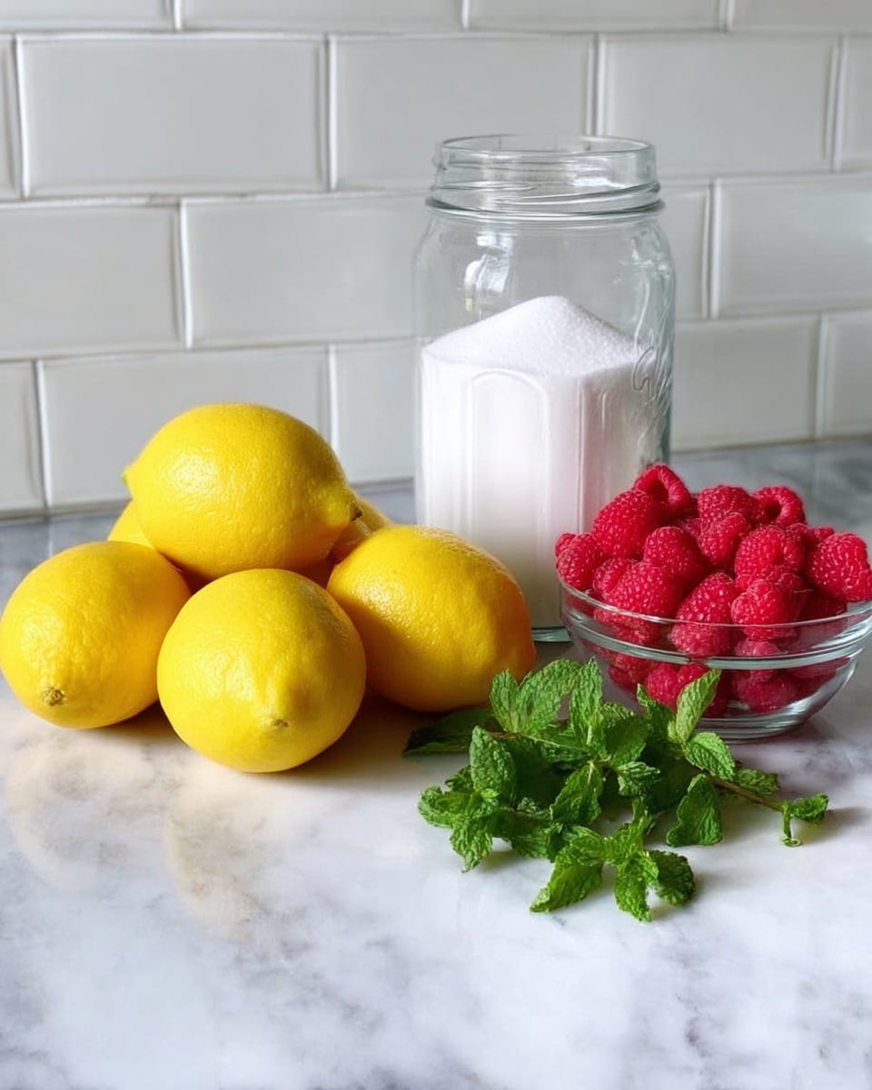 The image shows a white marbled countertop with eight bright yellow lemons grouped on the left side, a clear glass jar filled with white sugar placed behind them, a small clear glass bowl full of red raspberries on the right, and a small bunch of fresh green mint leaves in front of the raspberries. The background consists of plain white tiles. photo taken with an iphone --ar 4:5 --v 7