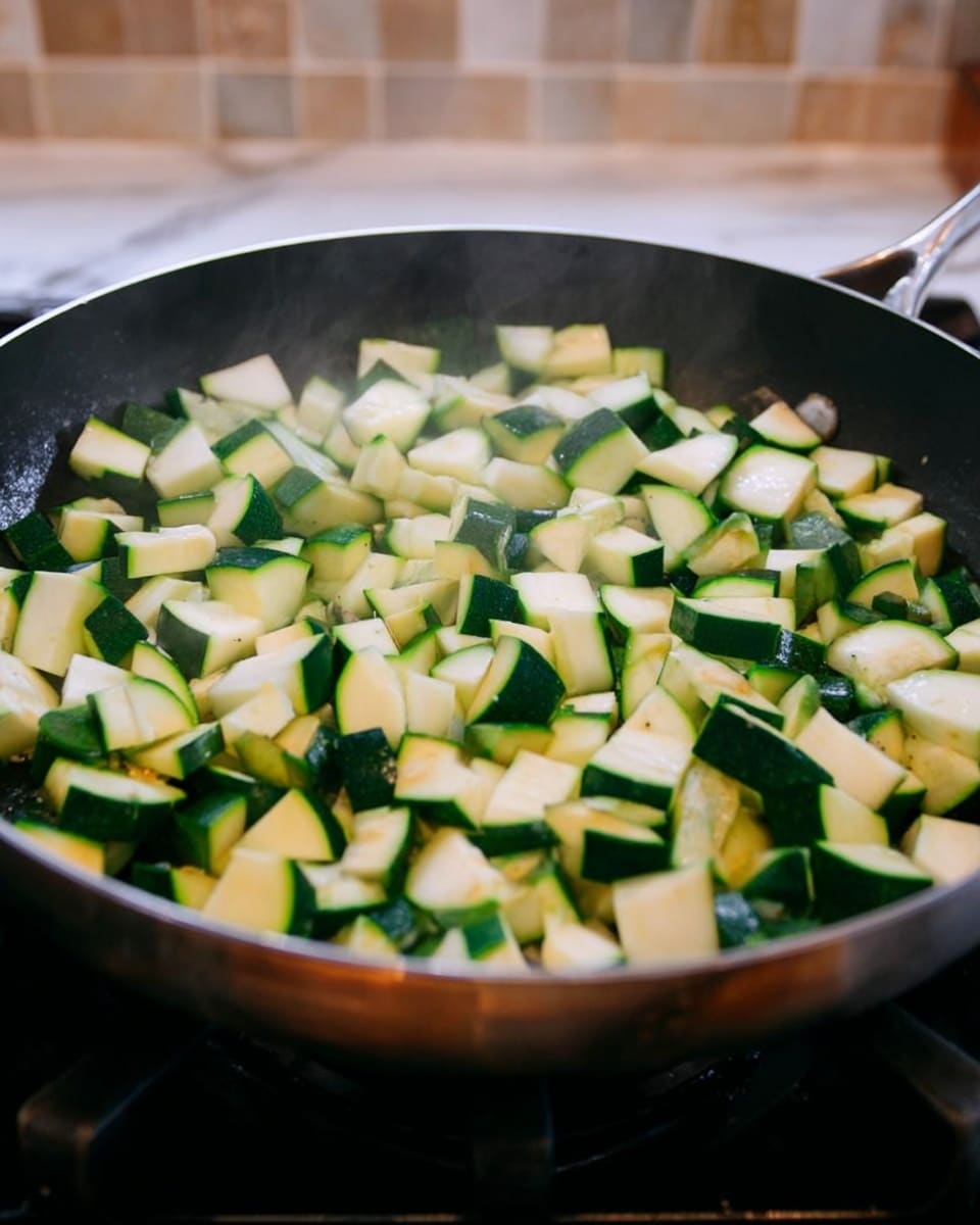 A black frying pan filled with many green and white pieces of chopped zucchini that look fresh and slightly shiny, with steam faintly rising, showing they are cooking. The pan is on a stove with a background of beige-colored tiles and a white marbled surface underneath. The zucchini pieces are spread evenly across the pan, showing a mix of green skin and pale interior. Photo taken with an iphone --ar 4:5 --v 7