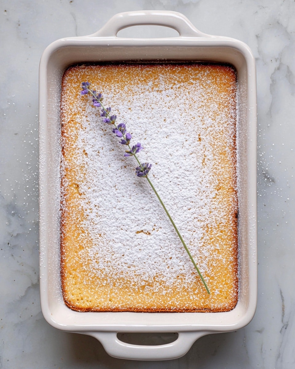 A single-layer square cake with a golden brown edge and a light brown center is inside a white rectangular baking dish with handles on both sides. The cake is evenly dusted with white powdered sugar, and a single small purple lavender sprig with a green stem lies diagonally on top, slightly curved. The baking dish is placed on a white marbled surface. photo taken with an iphone --ar 4:5 --v 7