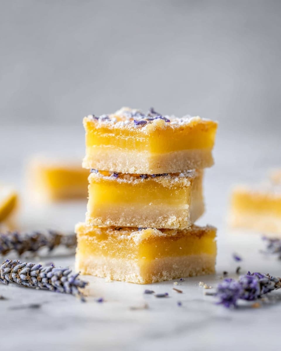 The image shows a stack of three square lemon bars placed directly on a white marbled surface. Each lemon bar has three layers: the bottom layer is a light beige crust with a crumbly texture, the middle layer is a bright yellow, smooth lemon filling, and the top layer is a thin sprinkle of powdered sugar mixed with tiny bits of lavender flowers. Around the stack, there are small dried lavender sprigs and loose lavender pieces scattered on the surface. The background is a soft, light gray with a smooth focus. photo taken with an iphone --ar 4:5 --v 7