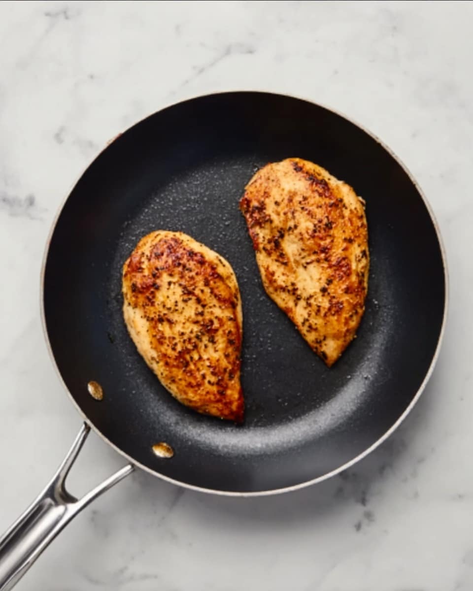 The image shows a black frying pan with a silver handle placed on a white marbled surface. Inside the pan, there are two pieces of cooked chicken, each with a golden-brown color and a slightly crispy texture. The chicken pieces are spaced apart, lying flat and evenly cooked on both sides. The pan’s interior is smooth and clean, contrasting with the brown chicken. The photo taken with an iphone --ar 4:5 --v 7