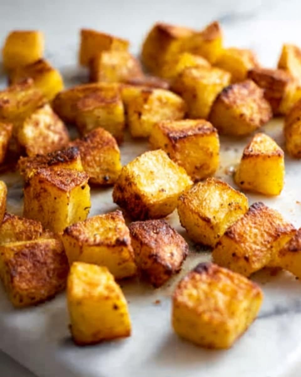 The image shows golden-brown roasted potato cubes scattered loosely on a white marbled surface. Each potato cube is crispy on the outside with a slightly rough texture, showing a range of shades from light golden yellow to deeper brown edges. The cubes vary slightly in size, creating a natural, uneven look. The lighting highlights the crispiness and subtle oil sheen on the potatoes, giving an inviting and warm tone to the dish. photo taken with an iphone --ar 4:5 --v 7