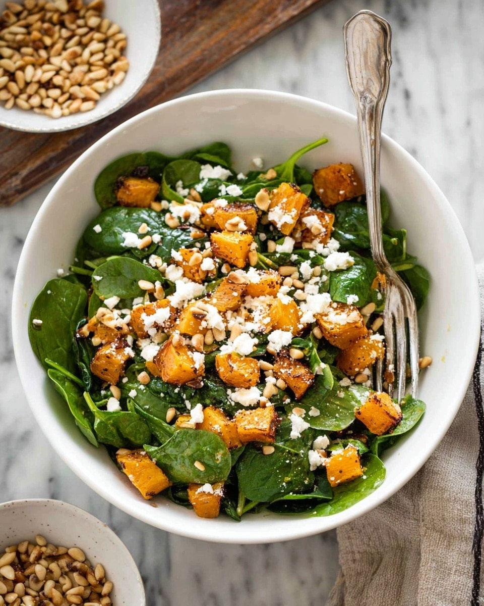 A white bowl filled with a fresh spinach salad showing dark green leafy spinach as the base layer, topped with golden-brown roasted butternut squash cubes scattered evenly. Over the squash are small bits of white crumbled cheese and toasted light brown pine nuts spread on top, adding texture and color contrast. A silver fork rests inside the bowl on the right side, and the bowl is placed on a white marbled surface. Next to the bowl, there is a smaller white bowl filled with more pine nuts. Photo taken with an iphone --ar 4:5 --v 7