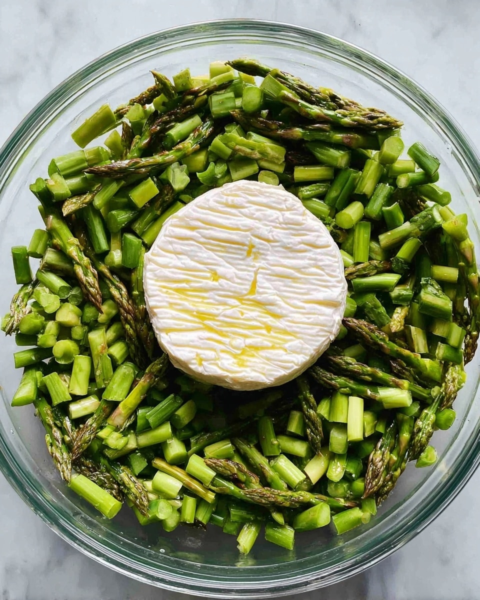 The image shows a clear glass round dish filled with chopped green asparagus pieces evenly spread out. In the center sits a round white cheese wheel or soft cheese patty with a few thin yellowish lines on top, contrasting with the vibrant green asparagus. The asparagus pieces are cut into short sections, some showing their textured tips. The background surface is a white marbled texture. photo taken with an iphone --ar 4:5 --v 7
