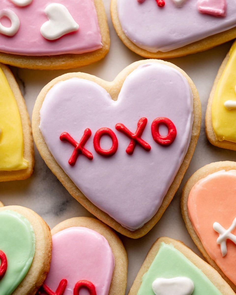 This image shows many heart-shaped cookies stacked closely together on a white marbled surface. Each cookie has two layers: a light golden-brown base and smooth, colorful icing on top. The icing colors include light purple, pink, yellow, green, and a peachy-orange. The central cookie has lavender icing with