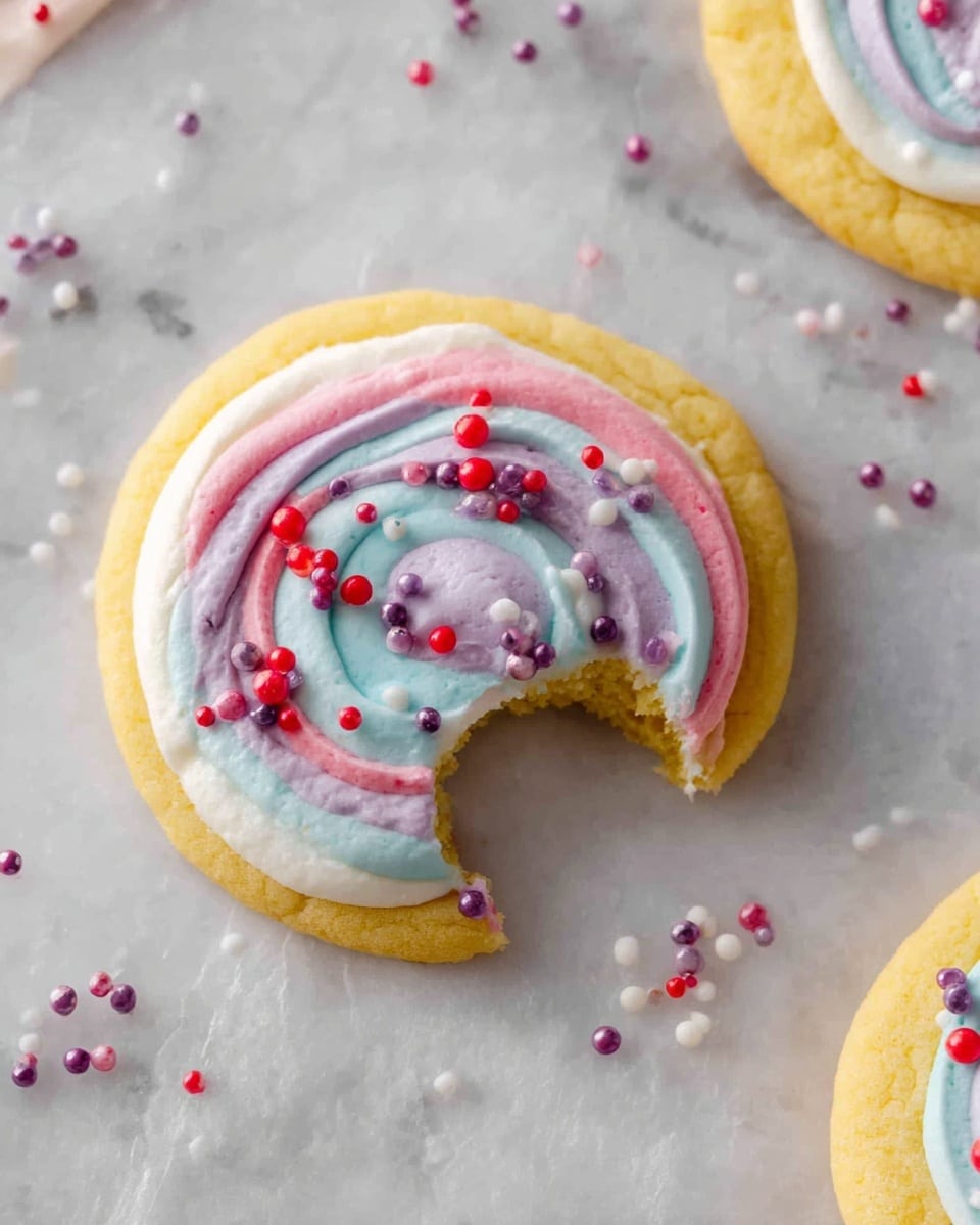 A close-up of a round yellow cookie with a bite taken from its side, topped with a swirl of pastel blue and pink frosting. The frosting is smooth and thick, spiraling from the center to the edges evenly, and decorated with small red, dark purple, and pink round sprinkles scattered on top. The cookie rests on a white marbled surface with light grey veins, with a few sprinkles scattered around it. Two partial cookies with the same yellow color and white frosting are seen near the edges of the image. photo taken with an iphone --ar 4:5 --v 7