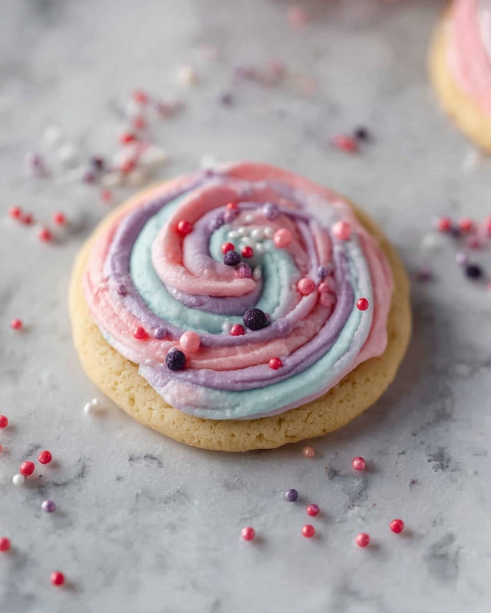 A single round cookie with a soft, light golden color forms the base. On top is a thick swirl of smooth frosting that blends pastel blue and pastel pink colors in a circular pattern. Small round red and dark purple sprinkles are scattered over the frosting, adding contrast and texture. The cookie rests on a white marbled surface with scattered sprinkles nearby, enhancing the homemade and fresh feel. photo taken with an iphone --ar 4:5 --v 7