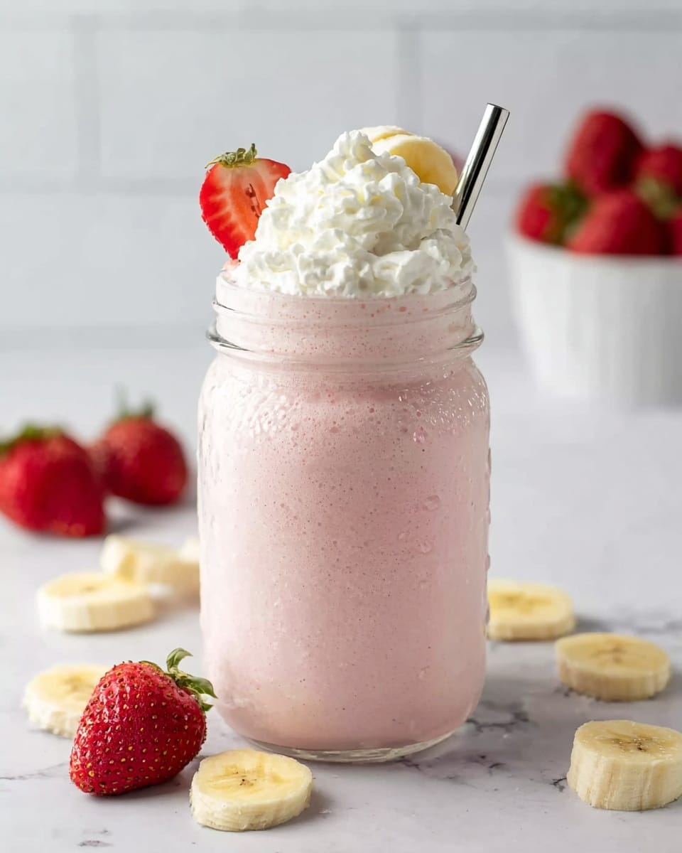 A tall clear mason jar filled with a light pink thick smoothie, topped with two scoops of white whipped cream. A silver straw is sticking out from the right side, and a slice of banana with a halved strawberry is placed on top as decoration. The jar sits on a white marbled surface with scattered slices of banana and half strawberries around it. In the background, there is a blurred white bowl holding red strawberries. The overall look is bright and fresh. photo taken with an iphone --ar 4:5 --v 7