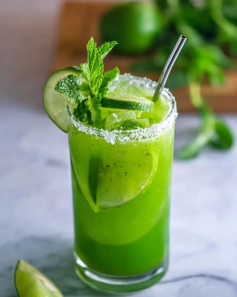 The image shows two clear glasses filled with a bright green drink, placed on a wooden cutting board over a white marbled surface. Each glass has a salted rim and contains fresh mint leaves on top, with one glass having a metal straw. Thin round lime slices float in the drinks, and there are extra lime slices and a piece of cucumber on the board. A woman's hand is holding the larger glass on the right side of the image. The background is soft and blurred, emphasizing the fresh and vibrant look of the drinks. photo taken with an iphone --ar 4:5 --v 7