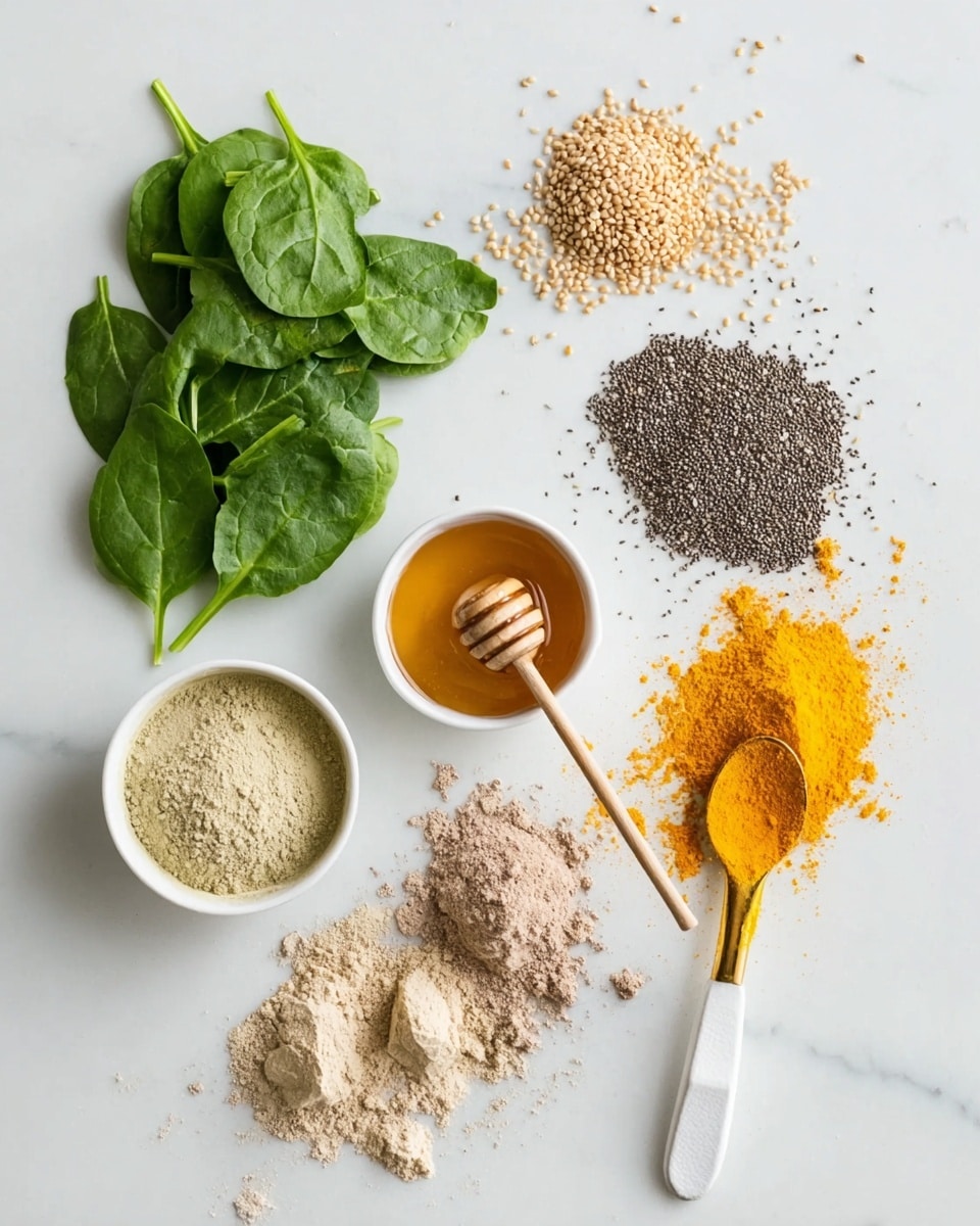 The image shows a white marbled surface with a collection of fresh and dry ingredients arranged neatly. On the upper left, there are fresh green spinach leaves in a small pile. To the upper right of the spinach, there are small piles of beige seeds, bright orange powder, and tiny black chia seeds in a small white bowl. Below these are a small white bowl of golden honey with a wooden honey dipper resting inside. In the middle and lower part of the image, there are various fine powders and ground ingredients in light beige and brown shades, some shaped into piles and some spread out. Two spoons are placed among these powders; one white and gold with a light beige powder and one gold with bright yellow powder. The whole setup is clean and simple with the colors and textures of the ingredients standing out on the white marbled background. Photo taken with an iphone --ar 4:5 --v 7