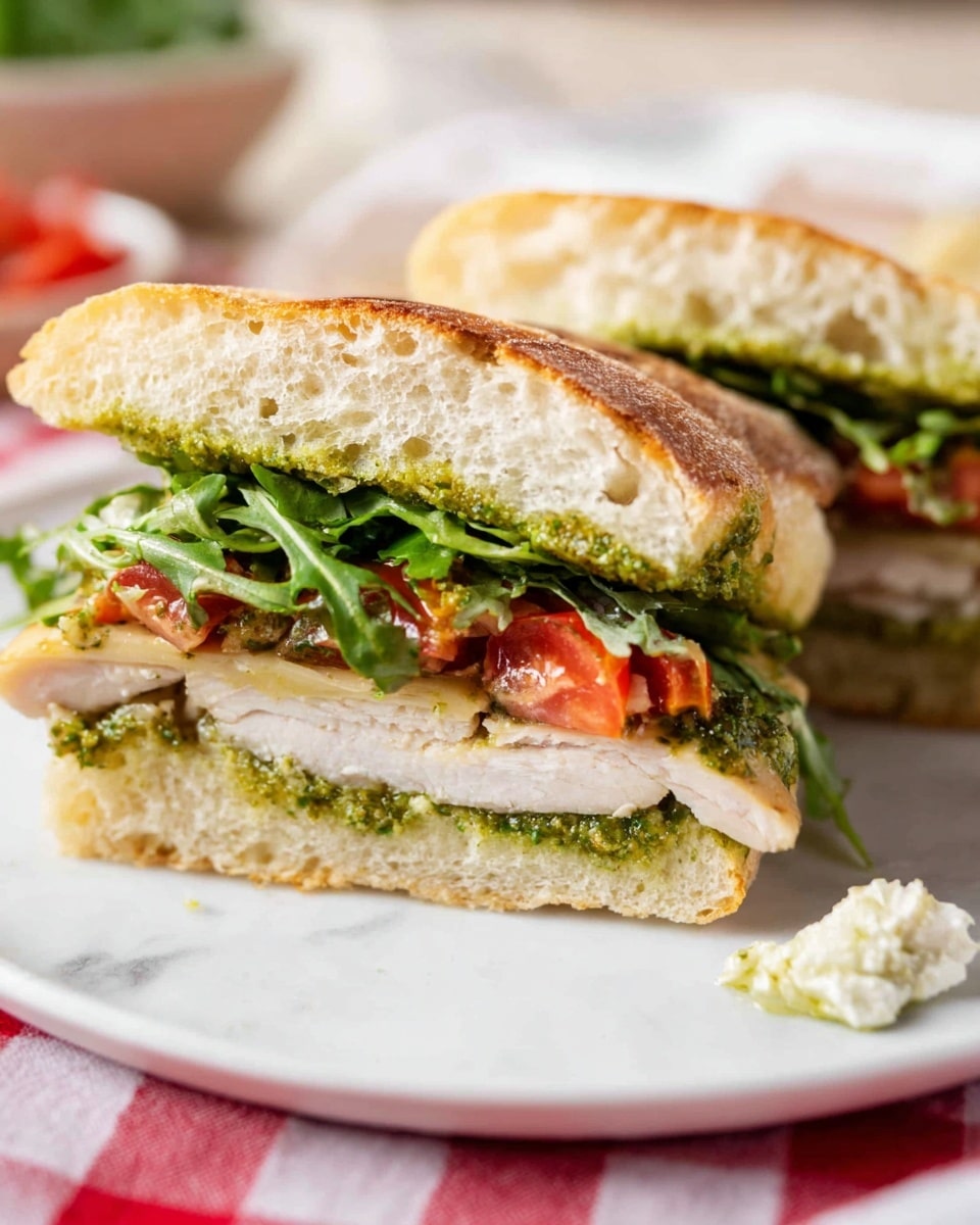 The image shows a sandwich on a white plate placed on a white marbled surface. The sandwich is made with two toasted ciabatta bread pieces, lightly browned and crispy. Inside, there is a layer of grilled chicken with a light brown charred texture, topped with slices of red tomato. Above the tomato, there is a layer of fresh green arugula leaves, and some green sauce, likely pesto, is spread on the top bread piece, dripping slightly over the edges. Some loose arugula leaves are scattered on the plate around the sandwich. In the background, there is a blurred red and white checkered cloth, green parsley, more ciabatta bread, and a slice of tomato. The photo is taken with an iphone --ar 4:5 --v 7