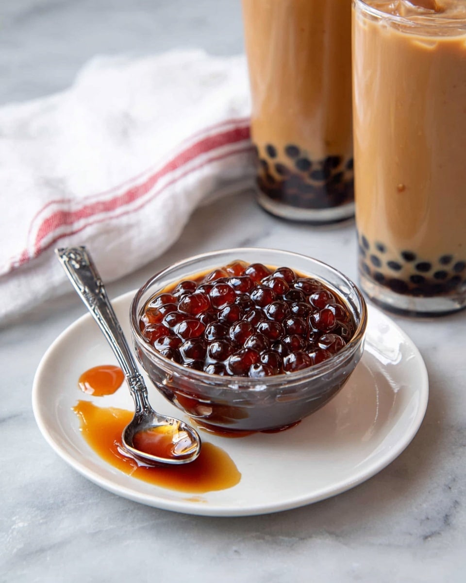The image shows a clear glass bowl filled with shiny, dark brown tapioca pearls soaked in a thick syrup, sitting centrally on a white plate with some syrup and pearls spilled on the plate’s surface to the left. A silver spoon rests inside the bowl, angled outward. In the background, there are two tall glasses filled with a light brown milk tea with visible tapioca pearls at the bottom. A white cloth with a red stripe is folded and placed on a white marbled surface next to the plate. photo taken with an iphone --ar 4:5 --v 7