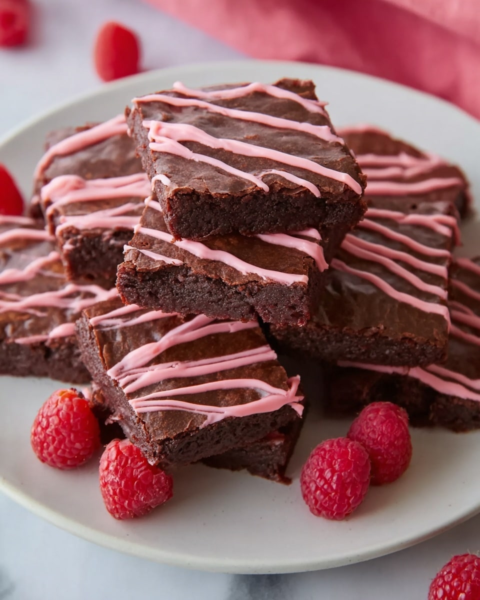 A white plate sits on a white marbled surface with a stack of seven square-shaped brownies. Each brownie is rich dark brown with a slightly rough texture on top. They have a thin layer of smooth pink icing drizzled diagonally in thin lines across the top. The brownies are arranged neatly in a pile with some raspberries placed around the plate for decoration. Photo taken with an iphone --ar 4:5 --v 7