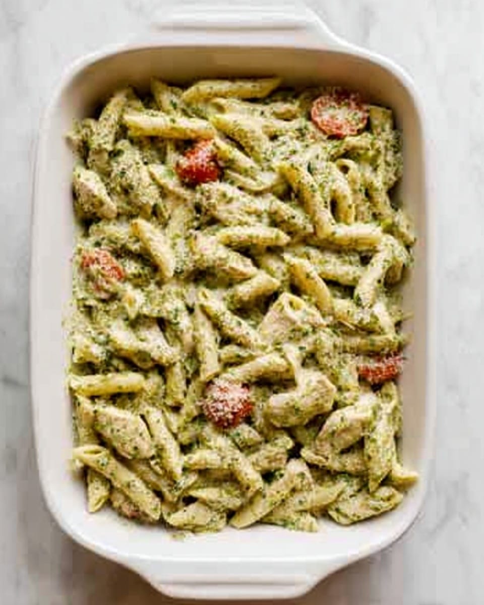 The dish is a baked pasta casserole in a white ceramic dish. The top layer is melted golden-brown cheese with small browned spots and black pepper sprinkled on it, along with some chopped walnuts and green herb garnish. Below the cheese are layers of cooked penne pasta mixed with a green pesto sauce, yellow squash pieces, and halved cherry tomatoes scattered throughout. A wooden spoon is scooping some pasta from the corner, showing the creamy textured pasta underneath the golden cheese layer. The dish sits on a white marbled surface. photo taken with an iphone --ar 4:5 --v 7