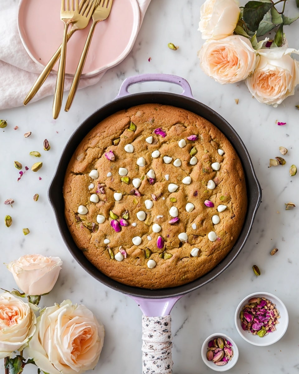 A large round light golden brown cookie baked in a black pan with a lavender handle wrapped with a light patterned cloth; the cookie top is studded with scattered white chocolate chips, green pistachio nuts, and small pink rose petals, creating a textured surface. The pan rests on a white marbled surface alongside a pink plate holding two gold forks on the left, small white bowls filled with crushed rose petals and pistachio shells on the top right, and three pale peach-colored roses with green leaves placed around the pan, with some petals and pistachio shells scattered around. Photo taken with an iphone --ar 4:5 --v 7