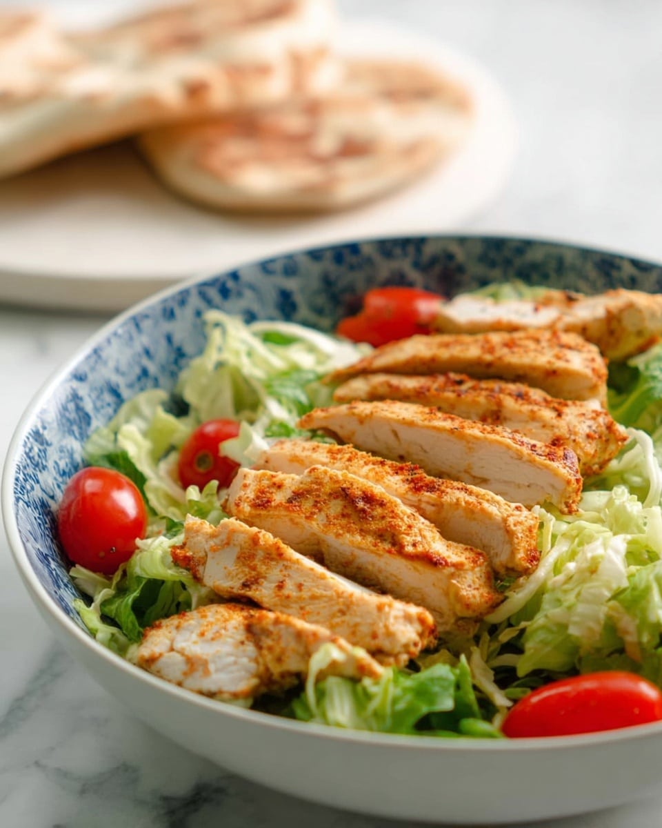 The image shows a salad in a white bowl with a blue pattern. The salad has a base layer of mixed green lettuce leaves, light green shredded cabbage, and some whole small red cherry tomatoes scattered around. On top, there are five thick pieces of cooked chicken with a light golden brown color and visible seasoning, placed diagonally. In the background, there is a white marbled surface with two pieces of flatbread bread placed on a round white board. The overall colors are warm and fresh, with a focus on the juicy chicken pieces and bright green salad. Photo taken with an iphone --ar 4:5 --v 7