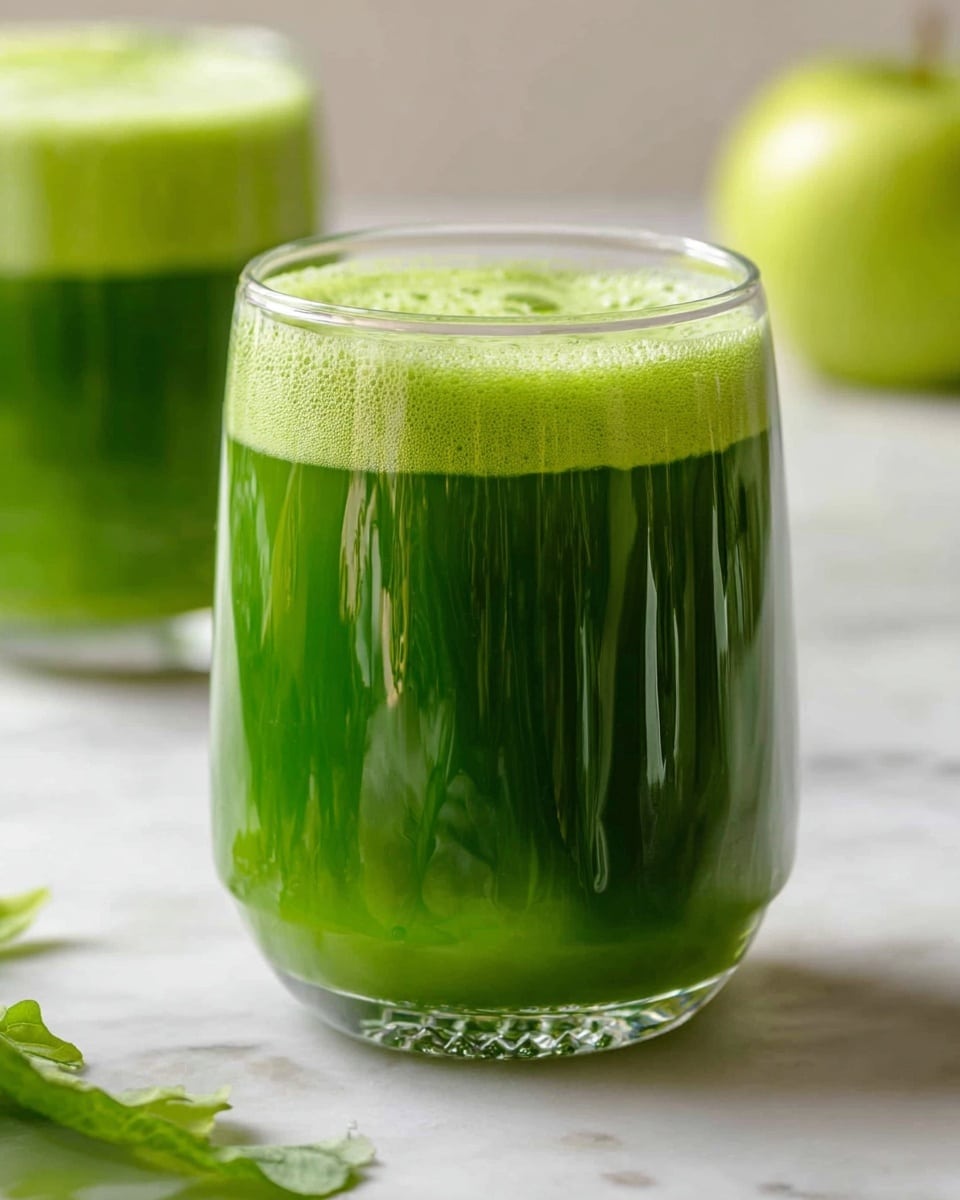 A clear glass with soft curves holds a fresh green juice that fills the glass to the top. The juice has two layers: a dense dark green liquid at the bottom and a frothy lighter green layer on top. In the slightly blurred background, another glass with the same green juice and a green apple are visible on a white marbled surface. Some green leaves peek in from the bottom left corner. The scene looks bright and fresh, showing a healthy drink option. photo taken with an iphone --ar 4:5 --v 7