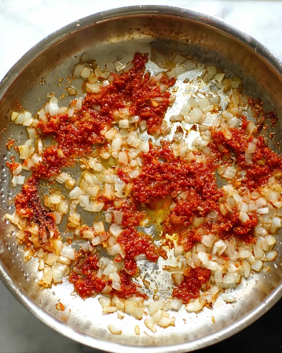 A close-up top view of a stainless steel pan with two main layers of sautéed ingredients: the outer layer consists of small, translucent diced onions that are lightly cooked, showing a mix of white and pale golden colors, while scattered throughout the pan are uneven patches of rich red tomato paste mixed with small bits of minced ingredients, creating a textured contrast against the shiny metal surface. The sautéed mixture is spread thinly with some burnt marks and oil glistening, all positioned on a white marbled surface. photo taken with an iphone --ar 4:5 --v 7