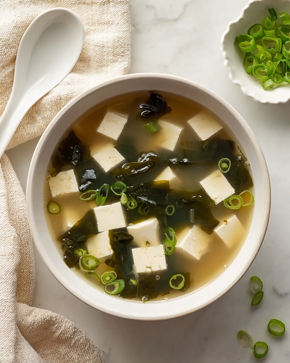 A white bowl filled with clear soup containing small white tofu cubes, dark green seaweed pieces, and small slices of green onion floating evenly throughout the broth. The bowl sits on a white marbled surface, near a white ceramic spoon and a small white dish holding green chopped scallions. A cream-colored cloth is partly visible in the upper left corner. The overall look is simple and clean. photo taken with an iphone --ar 4:5 --v 7
