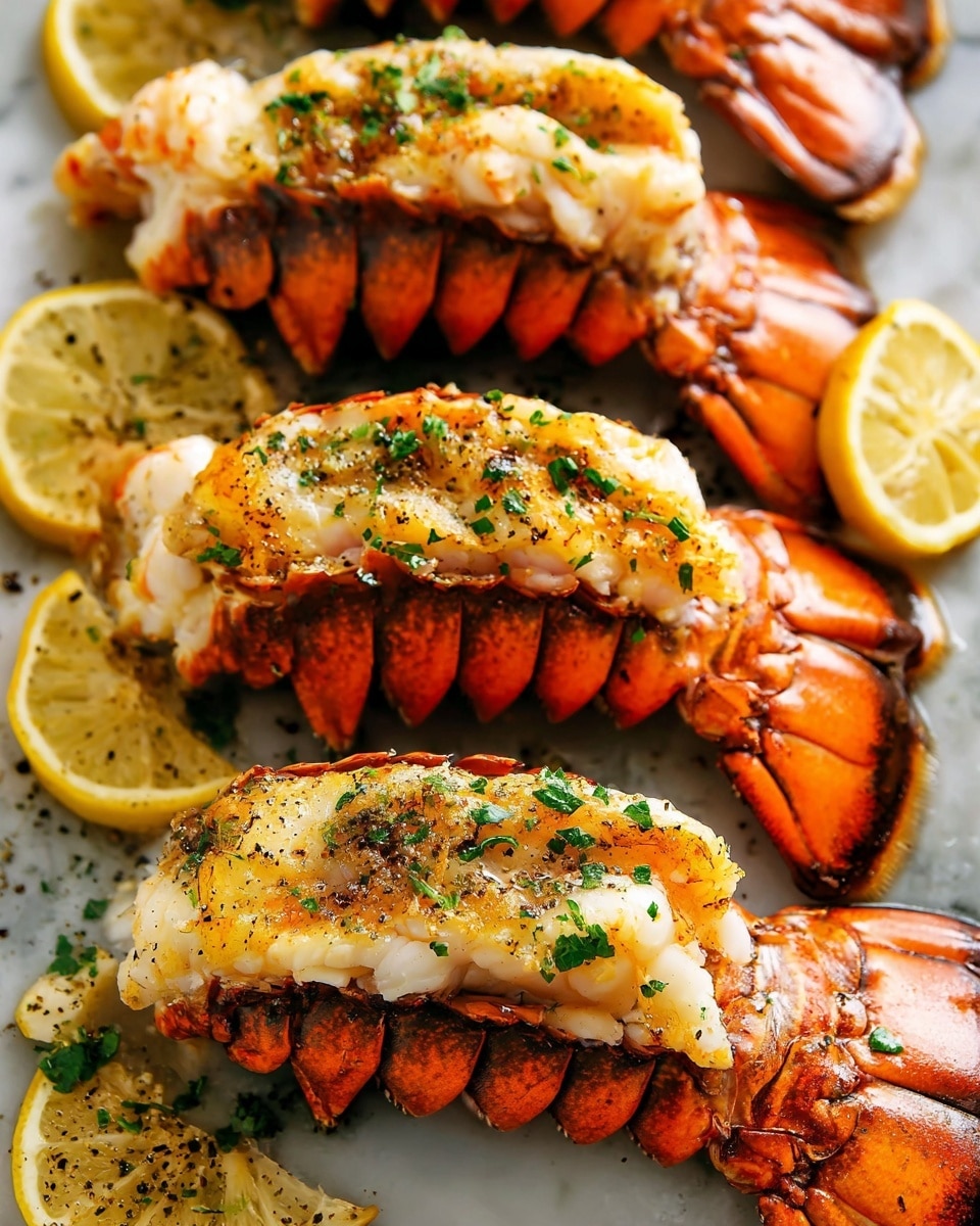 The image shows four cooked lobster tails laid side by side on a white marbled surface. Each lobster tail has a bright orange shell with white lobster meat filling the shell, topped with a golden-brown grilled layer sprinkled with chopped green herbs and black pepper. Around the lobster tails, there are several lemon wedges that have been seasoned with black pepper and herbs, adding yellow and green accents to the image. The textures vary from the slight char and crispness on the lobster meat to the smooth, segmented shell of the lobster tails. The photo focuses closely on the front lobster tails, capturing the glistening and slightly crispy grilled topping. Photo taken with an iphone --ar 4:5 --v 7