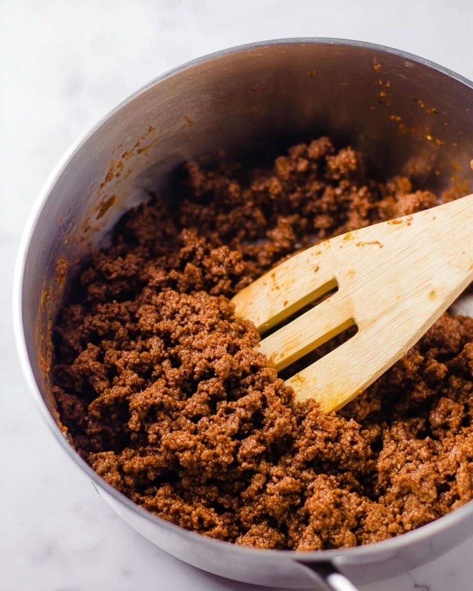 A close-up of cooked ground meat inside a shiny silver metal pot. The meat is broken into small, crumbly chunks with a rich brown color and looks slightly crispy on the edges. A light brown wooden spatula with two long, narrow slots is resting in the pot, partially covered by the meat. The pot is placed on a white marbled surface, with soft natural light coming from the top left. Photo taken with an iphone --ar 4:5 --v 7