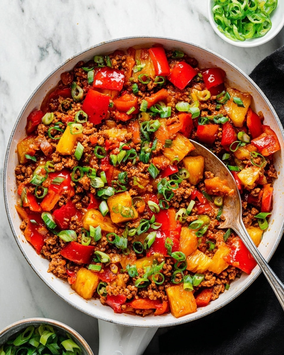 The image shows a white round pan filled with a cooked dish made of ground meat, bright red bell pepper pieces, and golden pineapple chunks. The food is mixed well, with the ground meat looking slightly browned and moist. Chopped green onions are sprinkled on top, adding a fresh green color contrast. A silver spoon is inside the pan, partially covered by the food. The pan is on a white marbled surface with a black cloth napkin nearby and a small bowl of green onions at the edge. Photo taken with an iphone --ar 4:5 --v 7