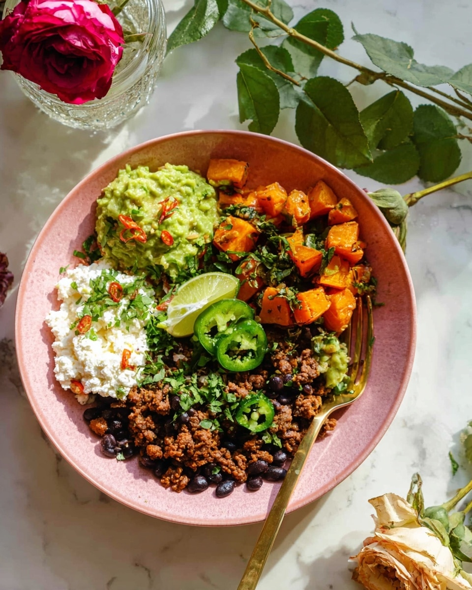 A pink round bowl on a white marbled surface holds a colorful dish with four main parts: in the bottom right, there is a layer of cooked ground meat mixed with black beans and garnished with green herbs and sliced green peppers; next to it, on the top right, there are roasted small orange cubes of sweet potatoes sprinkled with green herbs; on the top left, there is a scoop of chunky green guacamole topped with jalapeño slices; below it, on the bottom left, a scoop of white cottage cheese is also topped with jalapeño slices and small red chili flakes; a thin lime slice rests on the edge near the guacamole; a golden spoon is placed on the right edge of the bowl; green leaves hang over the bowl from the top; a dried light yellow and pink rose in a small jar sits nearby. Photo taken with an iphone --ar 4:5 --v 7