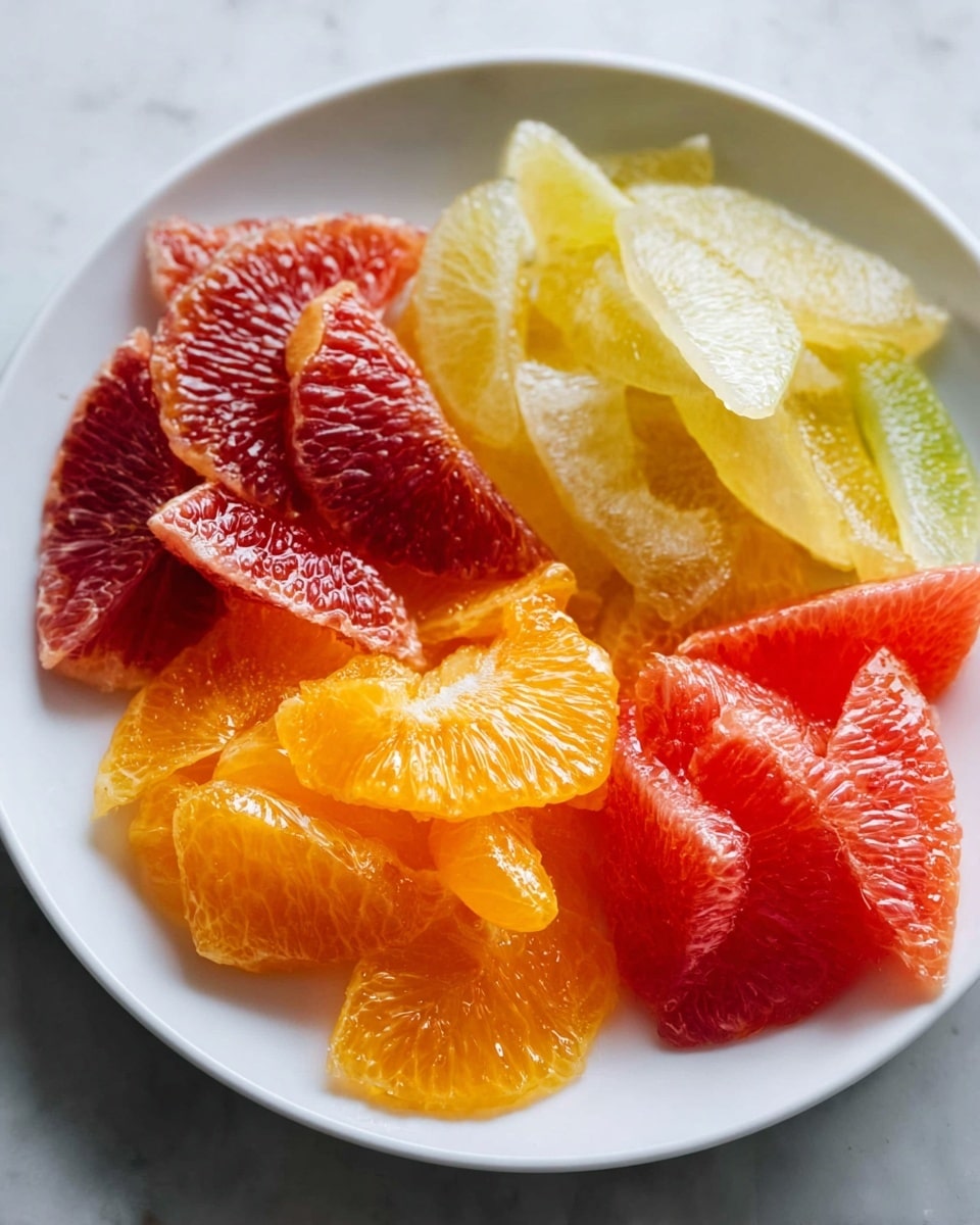 The image shows a white plate on a white marbled surface, filled with four groups of peeled citrus slices arranged in separate sections. Starting from the top left, there are dark red-orange slices with a juicy and slightly rough texture, followed by pale yellow-green translucent slices on the top right. On the bottom left, bright orange slices appear glossy and juicy, while the bottom right contains deep red-pink slices with a shiny, slightly textured surface. The arrangement forms a colorful, fresh-looking citrus fruit medley. Photo taken with an iphone --ar 4:5 --v 7