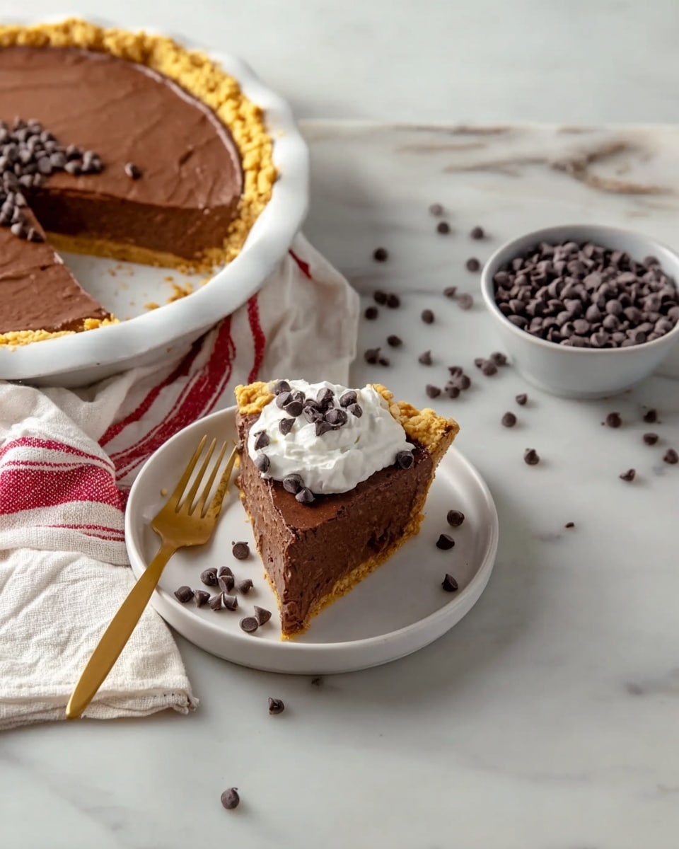 The image shows a chocolate pie with three distinct layers: a golden, crumbly crust on the bottom, a thick layer of smooth dark chocolate filling in the middle, and a slightly textured chocolate top layer. A slice of the pie is served on a small white plate on a white marbled surface. The slice also has a dollop of white whipped cream on top, scattered dark chocolate chips, and some crust crumbs around it. Next to the plate is a gold fork with a white and red striped cloth nearby. There is a small white bowl filled with dark chocolate chips, with a few chips spilled on the white marbled surface. The photo is taken with an iphone --ar 4:5 --v 7